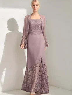 A-Line 3 Piece Mother of the Bride Dress Elegant Simple Casual Square Neck Floor Length Chiffon Sleeveless Long Sleeve Lace with Jacket