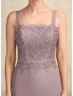 A-Line 3 Piece Mother of the Bride Dress Elegant Simple Casual Square Neck Floor Length Chiffon Sleeveless Long Sleeve Lace with Jacket