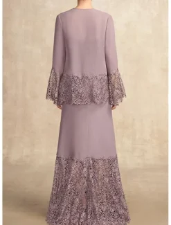 A-Line 3 Piece Mother of the Bride Dress Elegant Simple Casual Square Neck Floor Length Chiffon Sleeveless Long Sleeve Lace with Jacket