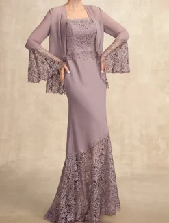 A-Line 3 Piece Mother of the Bride Dress Elegant Simple Casual Square Neck Floor Length Chiffon Sleeveless Long Sleeve Lace with Jacket