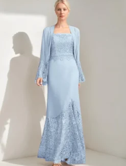 A-Line 3 Piece Mother of the Bride Dress Elegant Simple Casual Square Neck Floor Length Chiffon Sleeveless Long Sleeve Lace with Jacket