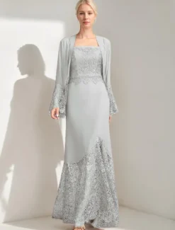 A-Line 3 Piece Mother of the Bride Dress Elegant Simple Casual Square Neck Floor Length Chiffon Sleeveless Long Sleeve Lace with Jacket