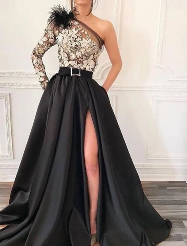 A-Line Black Evening Gown Vintage Dress Formal Wedding Guest Court Train Long Sleeve One Shoulder Satin with Feather Slit