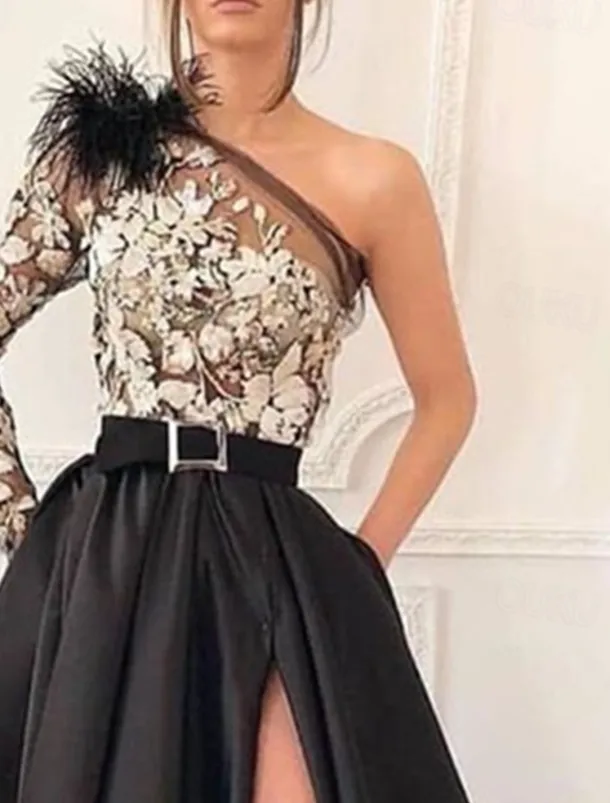 A-Line Black Evening Gown Vintage Dress Formal Wedding Guest Court Train Long Sleeve One Shoulder Satin with Feather Slit