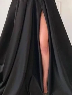 A-Line Black Evening Gown Vintage Dress Formal Wedding Guest Court Train Long Sleeve One Shoulder Satin with Feather Slit