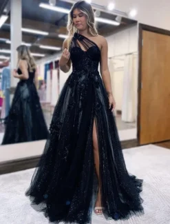 A-Line Black Prom Dresses Color Block Dress Formal Wedding Guest Sweep / Brush Train Sleeveless One Shoulder Tulle Backless with Pleats Appliques Masquerade Dress