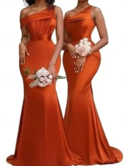 A-Line Bridesmaid Dress One Shoulder Sleeveless Elegant Floor Length Chiffon with Split Front 2022