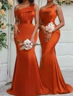 A-Line Bridesmaid Dress One Shoulder Sleeveless Elegant Floor Length Chiffon with Split Front 2022