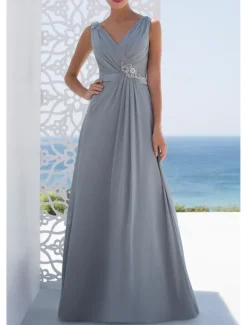 A-Line Bridesmaid Dress V Neck Long Sleeve Elegant Sweep / Brush Train Chiffon with Pleats / Ruffles