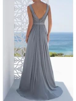 A-Line Bridesmaid Dress V Neck Long Sleeve Elegant Sweep / Brush Train Chiffon with Pleats / Ruffles