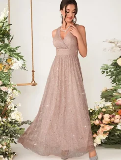 A-Line Bridesmaid Dress V Neck Sleeveless Elegant Floor Length Chiffon with Sequin