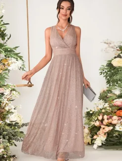 A-Line Bridesmaid Dress V Neck Sleeveless Elegant Floor Length Chiffon with Sequin