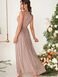 A-Line Bridesmaid Dress V Neck Sleeveless Elegant Floor Length Chiffon with Sequin