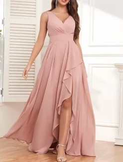 A-Line Bridesmaid Dress V Neck Sleeveless Elegant Floor Length Chiffon with Ruffles / Split Front / Ruching 2022