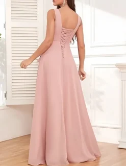 A-Line Bridesmaid Dress V Neck Sleeveless Elegant Floor Length Chiffon with Ruffles / Split Front / Ruching 2022