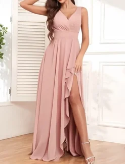 A-Line Bridesmaid Dress V Neck Sleeveless Elegant Floor Length Chiffon with Ruffles / Split Front / Ruching 2022