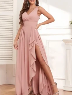 A-Line Bridesmaid Dress V Neck Sleeveless Elegant Floor Length Chiffon with Ruffles / Split Front / Ruching 2022