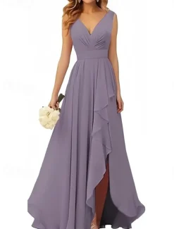 A-Line Bridesmaid Dress V Neck Sleeveless Elegant Floor Length Chiffon with Ruffles / Split Front / Ruching 2022