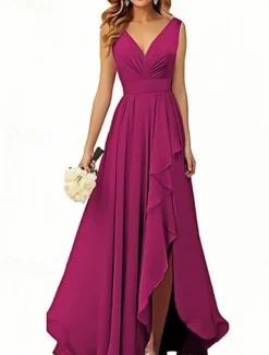 A-Line Bridesmaid Dress V Neck Sleeveless Elegant Floor Length Chiffon with Ruffles / Split Front / Ruching 2022
