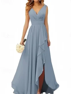 A-Line Bridesmaid Dress V Neck Sleeveless Elegant Floor Length Chiffon with Ruffles / Split Front / Ruching 2022
