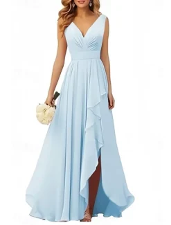 A-Line Bridesmaid Dress V Neck Sleeveless Elegant Floor Length Chiffon with Ruffles / Split Front / Ruching 2022