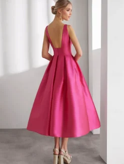 A-Line Cocktail Dresses Beach Wedding Elegant Dress Formal Wedding Tea Length Sleeveless Square Neck Satin with Glitter Slit Shouder Flower Dresses