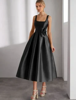 A-Line Cocktail Dresses Beach Wedding Elegant Dress Formal Wedding Tea Length Sleeveless Square Neck Satin with Glitter Slit Shouder Flower Dresses