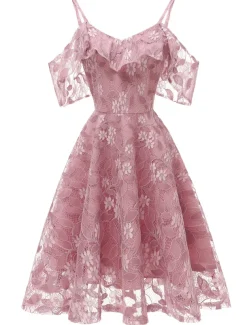 A-Line Cocktail Dresses Beach Wedding Elegant Dress Wedding Guest Graduation Knee Length Short Sleeve Spaghetti Strap Lace with Lace Insert Pattern / Print dress to impress
