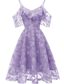 A-Line Cocktail Dresses Beach Wedding Elegant Dress Wedding Guest Graduation Knee Length Short Sleeve Spaghetti Strap Lace with Lace Insert Pattern / Print dress to impress