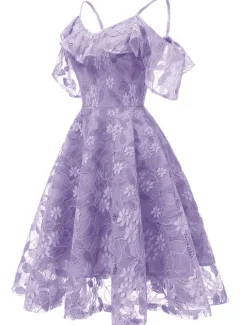 A-Line Cocktail Dresses Beach Wedding Elegant Dress Wedding Guest Graduation Knee Length Short Sleeve Spaghetti Strap Lace with Lace Insert Pattern / Print dress to impress
