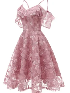 A-Line Cocktail Dresses Beach Wedding Elegant Dress Wedding Guest Graduation Knee Length Short Sleeve Spaghetti Strap Lace with Lace Insert Pattern / Print dress to impress