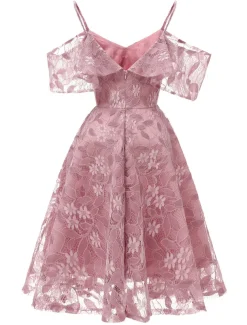 A-Line Cocktail Dresses Beach Wedding Elegant Dress Wedding Guest Graduation Knee Length Short Sleeve Spaghetti Strap Lace with Lace Insert Pattern / Print dress to impress
