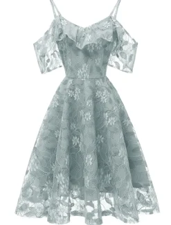 A-Line Cocktail Dresses Beach Wedding Elegant Dress Wedding Guest Graduation Knee Length Short Sleeve Spaghetti Strap Lace with Lace Insert Pattern / Print dress to impress