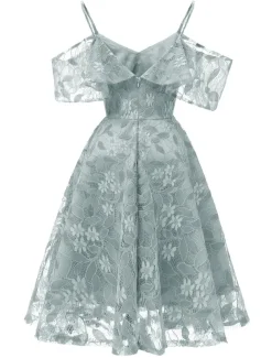 A-Line Cocktail Dresses Beach Wedding Elegant Dress Wedding Guest Graduation Knee Length Short Sleeve Spaghetti Strap Lace with Lace Insert Pattern / Print dress to impress