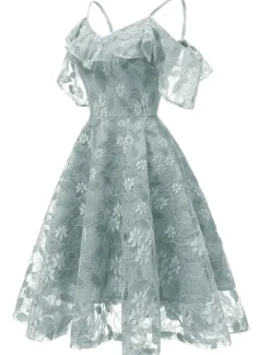 A-Line Cocktail Dresses Beach Wedding Elegant Dress Wedding Guest Graduation Knee Length Short Sleeve Spaghetti Strap Lace with Lace Insert Pattern / Print dress to impress