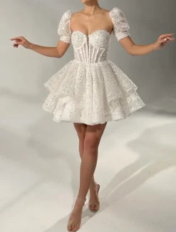 A-Line Cocktail Dresses Corsets Dress Wedding Guest Birthday Short / Mini Short Sleeve Square Neck Sequined with Pearls Sequin