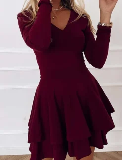 A-Line Cocktail Dresses Dress Wedding Guest Homecoming Short / Mini Long Sleeve V Neck Spandex with Pleats Pure Color dress to impress