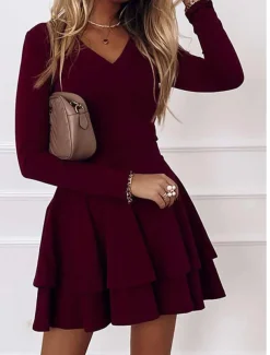 A-Line Cocktail Dresses Dress Wedding Guest Homecoming Short / Mini Long Sleeve V Neck Spandex with Pleats Pure Color dress to impress