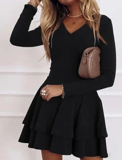 A-Line Cocktail Dresses Dress Wedding Guest Homecoming Short / Mini Long Sleeve V Neck Spandex with Pleats Pure Color dress to impress
