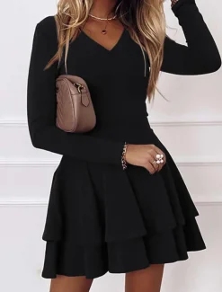 A-Line Cocktail Dresses Dress Wedding Guest Homecoming Short / Mini Long Sleeve V Neck Spandex with Pleats Pure Color dress to impress
