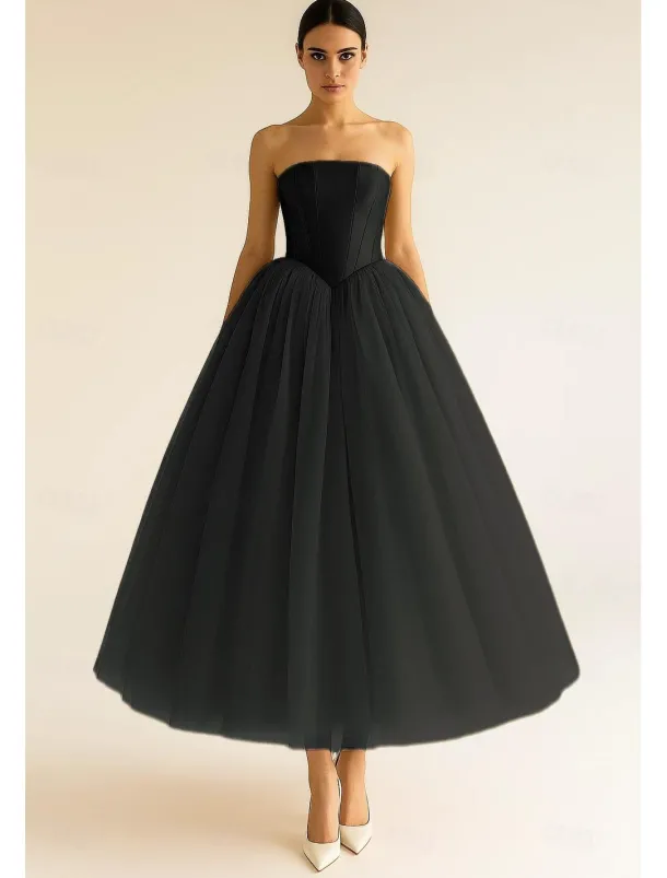 A-Line Cocktail Dresses Elegant Dress Drop Waisted Formal Semi Formal Wedding Tea Length Midi Length Sleeveless Stretch Satin Tulle 2025