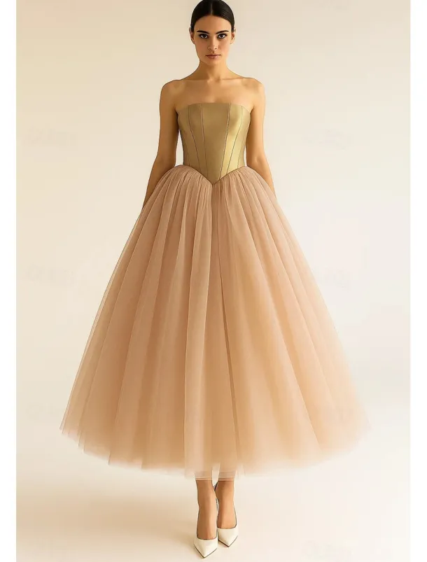 A-Line Cocktail Dresses Elegant Dress Drop Waisted Formal Semi Formal Wedding Tea Length Midi Length Sleeveless Stretch Satin Tulle 2025