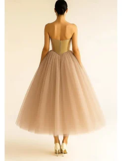 A-Line Cocktail Dresses Elegant Dress Drop Waisted Formal Semi Formal Wedding Tea Length Midi Length Sleeveless Stretch Satin Tulle 2025