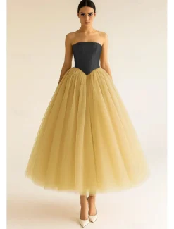 A-Line Cocktail Dresses Elegant Dress Drop Waisted Formal Semi Formal Wedding Tea Length Midi Length Sleeveless Stretch Satin Tulle 2025