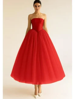 A-Line Cocktail Dresses Elegant Dress Drop Waisted Formal Semi Formal Wedding Tea Length Midi Length Sleeveless Stretch Satin Tulle 2025