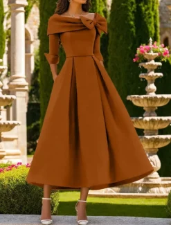 A-Line Cocktail Dresses Elegant Dress Formal Wedding Guest Tea Length 3/4 Length Sleeve Square Neck Pocket Satin with Bow(s) Pocket