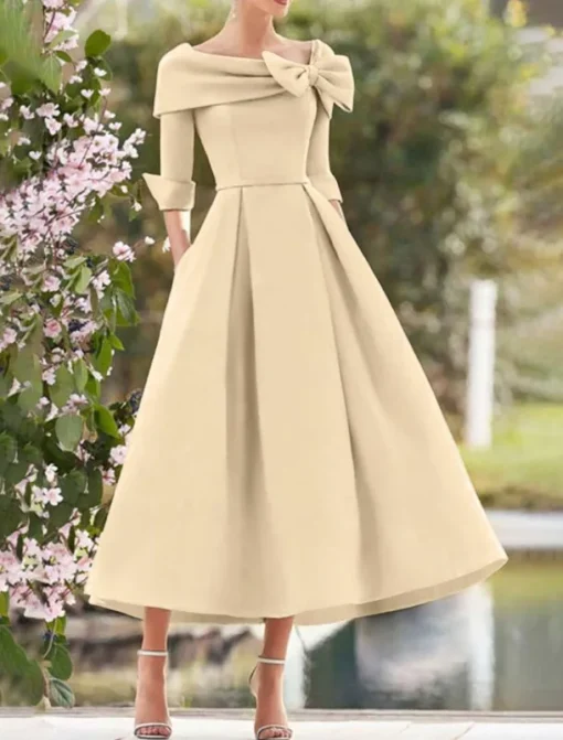 A-Line Cocktail Dresses Elegant Dress Formal Wedding Guest Tea Length 3/4 Length Sleeve Square Neck Pocket Satin with Bow(s) Pocket