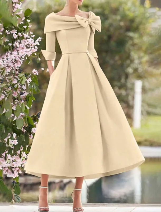 A-Line Cocktail Dresses Elegant Dress Formal Wedding Guest Tea Length 3/4 Length Sleeve Square Neck Pocket Satin with Bow(s) Pocket