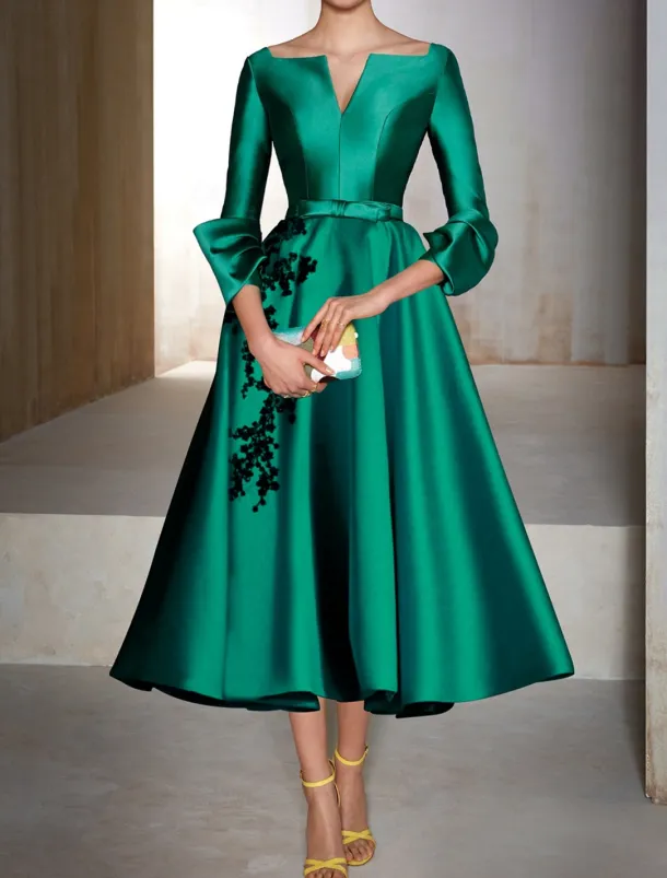 A-Line Cocktail Dresses Elegant Dress Wedding Wedding Guest Tea Length 3/4 Length Sleeve V Neck Satin with Bow(s) Appliques Dresses