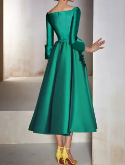A-Line Cocktail Dresses Elegant Dress Wedding Wedding Guest Tea Length 3/4 Length Sleeve V Neck Satin with Bow(s) Appliques Dresses